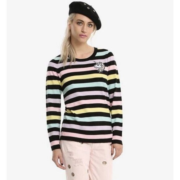 HOT TOPIC Colorful Stripe Sz XL Casual Wear Stretchy Lightweight Unicorn Sweater - Picture 1 of 5